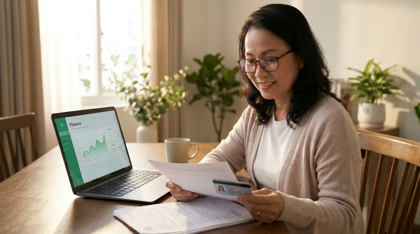 Vay tiền online nợ xấu — người Việt Nam xem lại CMND và hồ sơ vay tại nhà bên laptop
