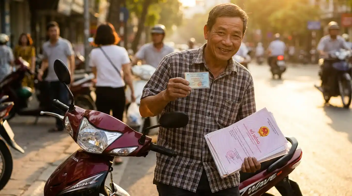 Vay thế chấp xe máy và sổ đỏ — người Việt Nam cầm cà vẹt xe máy và giấy tờ nhà đất